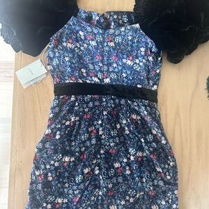 Floral Blue  Dress with Black Accents velvet